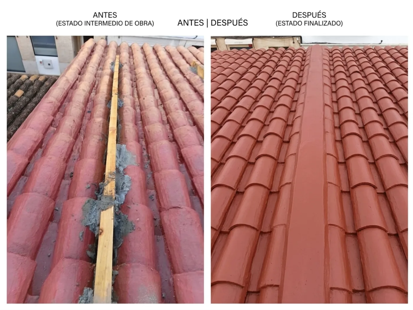 Antes y después de la reparación de un tejado en Valencia por Reformas Jiménez
